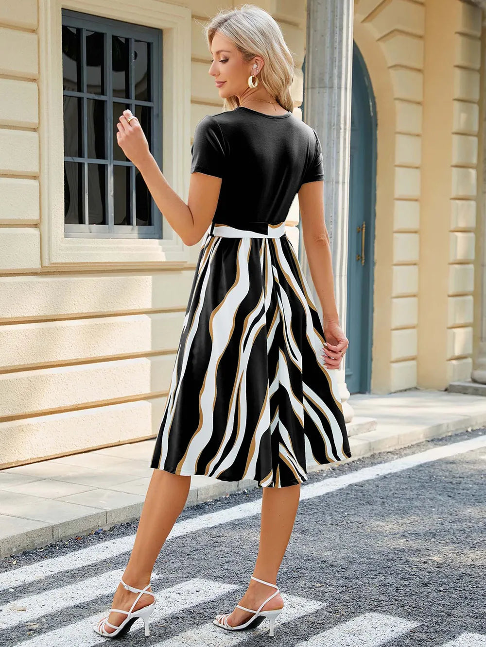 Printed Tie Waist Short Sleeve Dress OutfitFlow