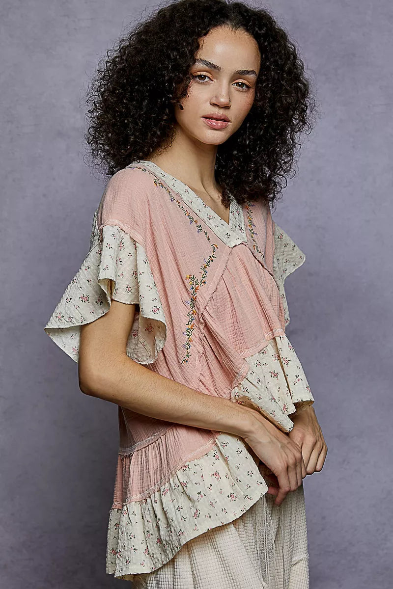 POL Floral V-Neck Short Sleeve Ruffled Double Gauze Blouse with Embroidery Detail OutfitFlow