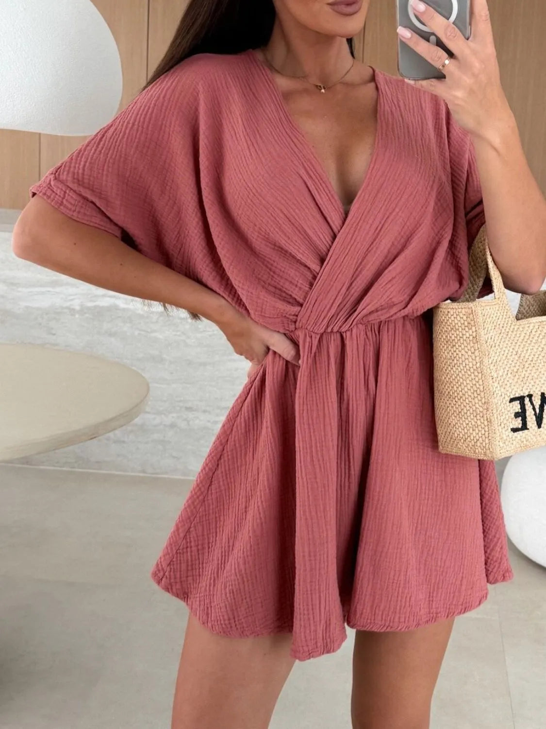 Surplice Half Sleeve Wrap Romper OutfitFlow