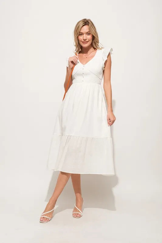 And The Why Ruffle Sleeve Front Smocked Tiered Midi Dress OutfitFlow