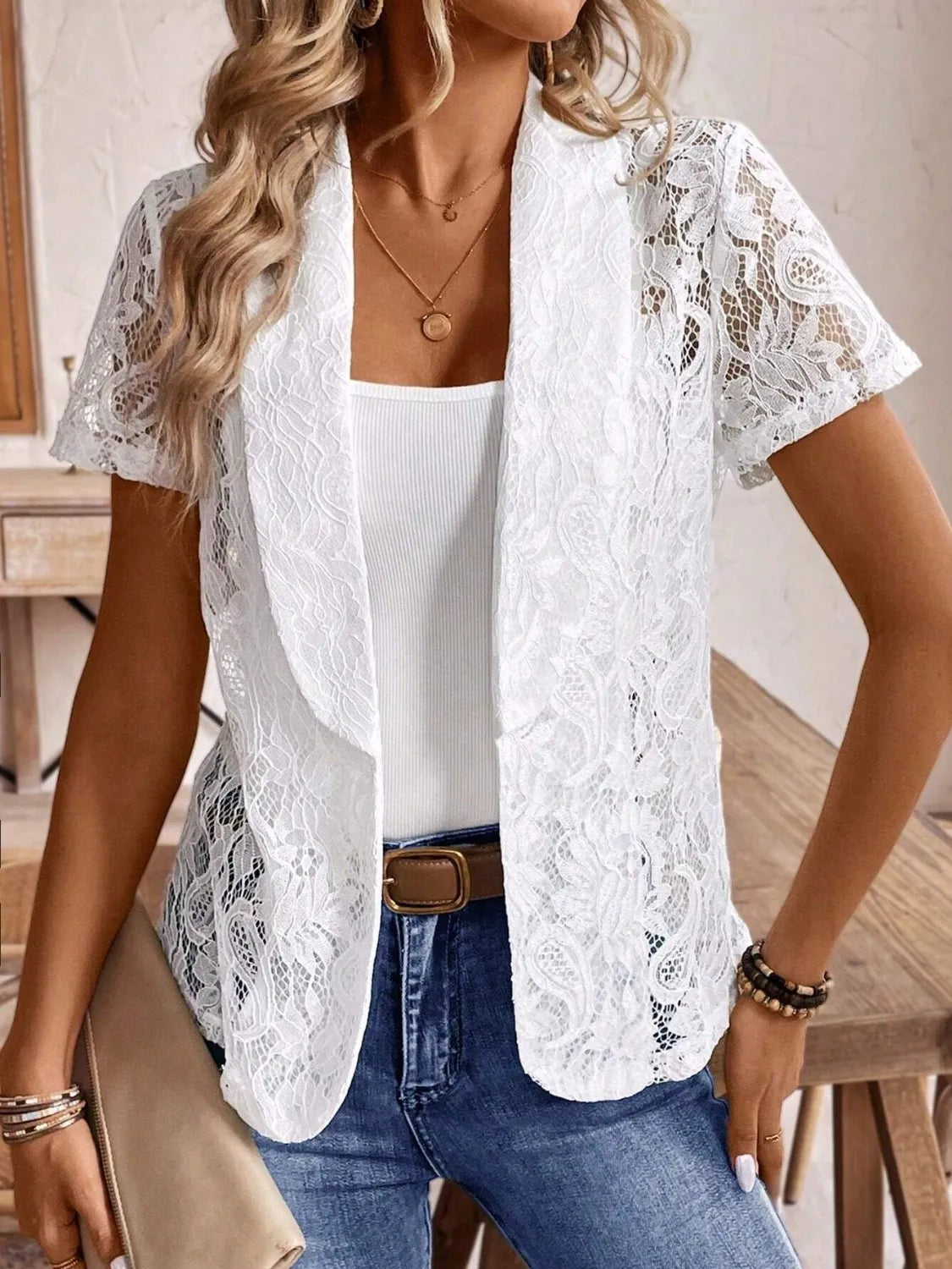 Lapel Collar Lace Blazer OutfitFlow