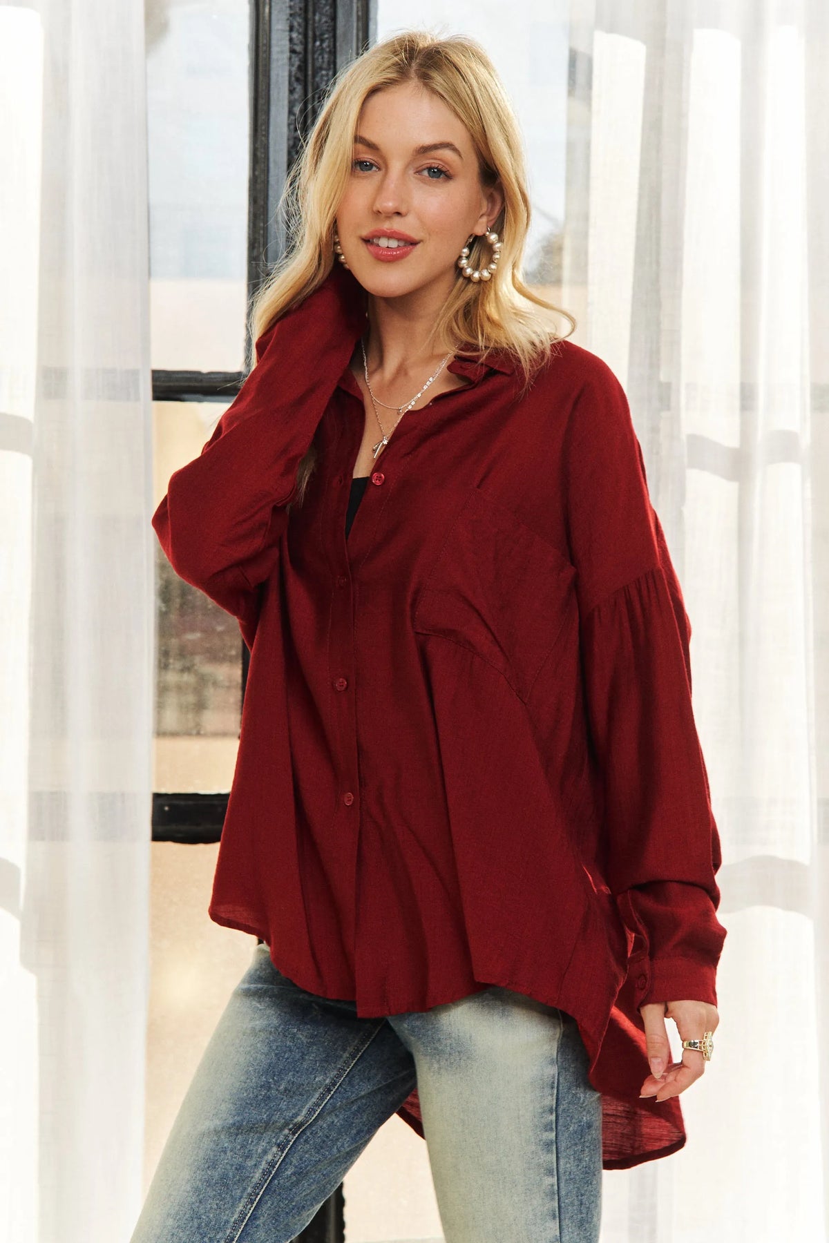 ADORA Button Down Linen Shirt BURGUNDY OutfitFlow