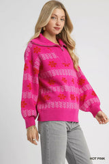 Umgee Floral Patterned Jacquard Quarter-Zip Pullover Sweater OutfitFlow