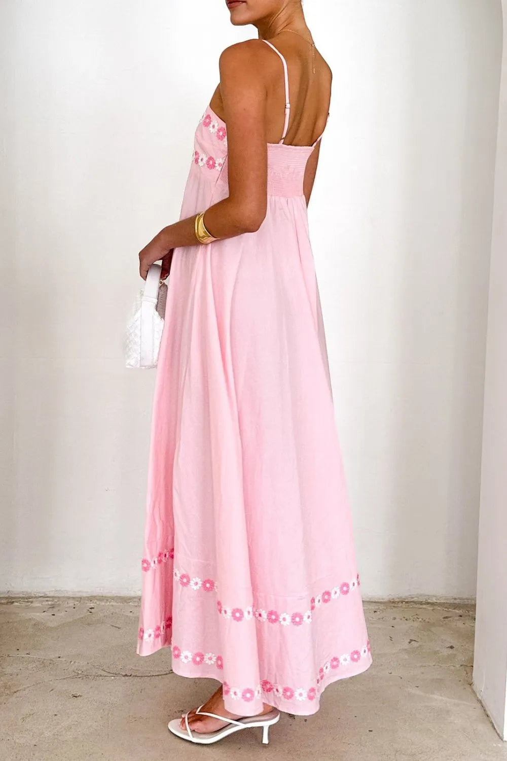 Floral Embroidered Spaghetti Strap Maxi Dress OutfitFlow