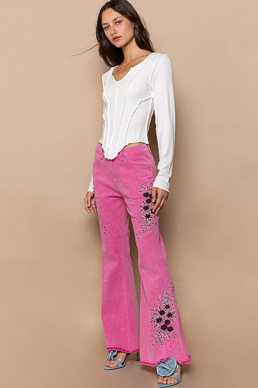 Outfit Flow - POL Raw Hem Embroidered Flare Pants