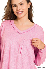 Zenana Soft Melange Hacci Exposed Seam Coin Pocket Tee OutfitFlow