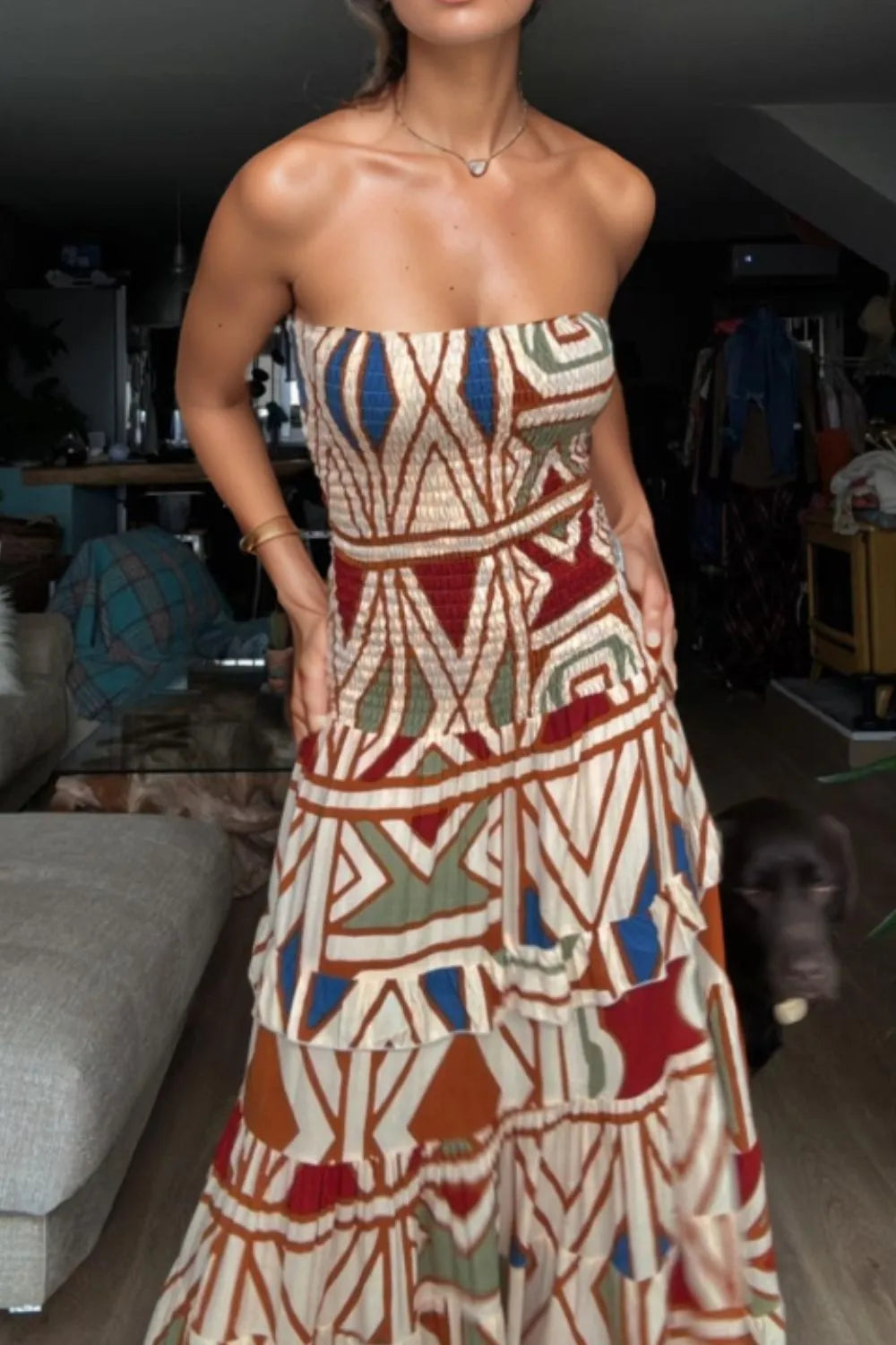 Smocked Printed Tube Dress Camel OutfitFlow