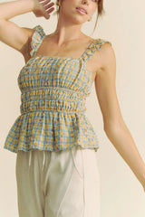 Davi & Dani Plaid Ruffled Strap Smocked Sleeveless Top OutfitFlow