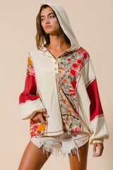 Outfit Flow - BiBi Contrast Stitching Floral Half Button Hoodie