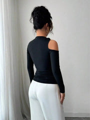 Cutout One-Shoulder Long Sleeve T-Shirt OutfitFlow