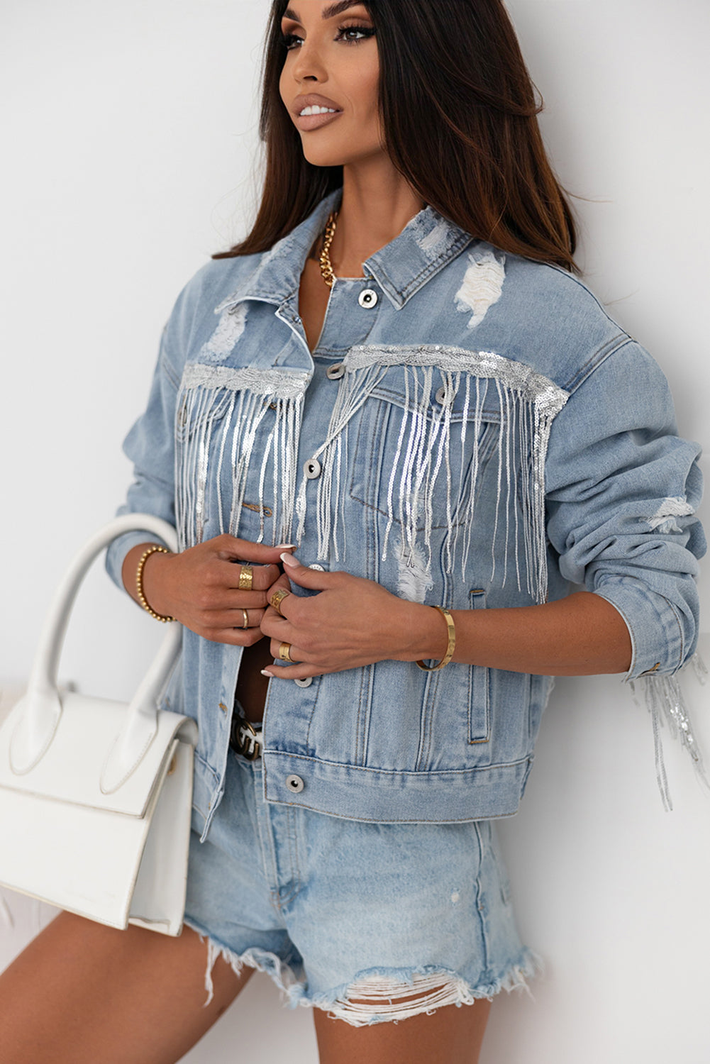 Outfit Flow - Sequin Fringe Trim Distressed Button Up Denim Jacket