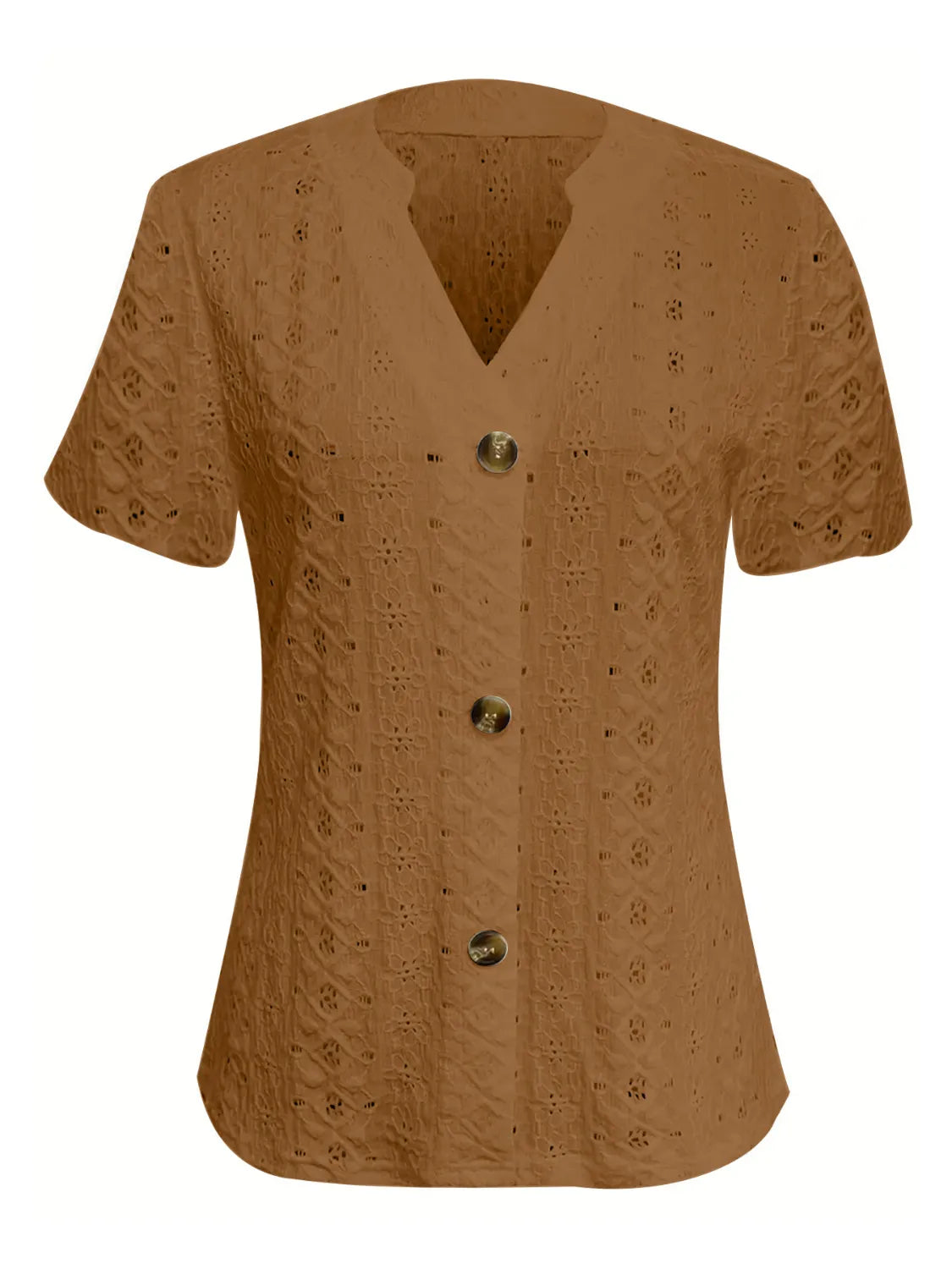 Openwork Notched Short Sleeve Top OutfitFlow