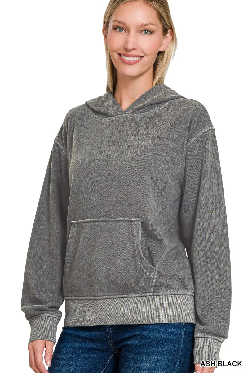 Zenana Fleece Pigment Dye Kangaroo Pocket Hoodie ASH BLACK Trendsi