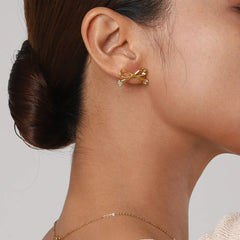 Stainless Steel Inlaid Zircon Bow Earrings Gold One Size OutfitFlow