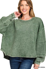 Zenana Acid Washed Exposed-Seam Sweatshirt DK GREEN OutfitFlow