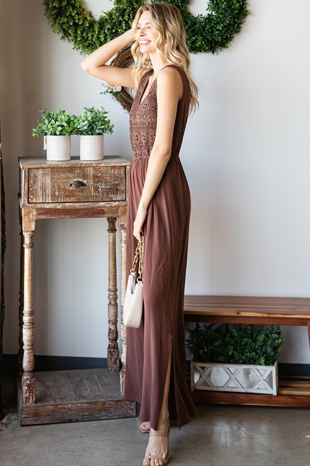 Outfit Flow - First Love Tie Back Sleeveless Slit Wide Leg Jumpsuit