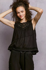 POL Round Neck Sleeveless Top with Crochet Contrast OutfitFlow