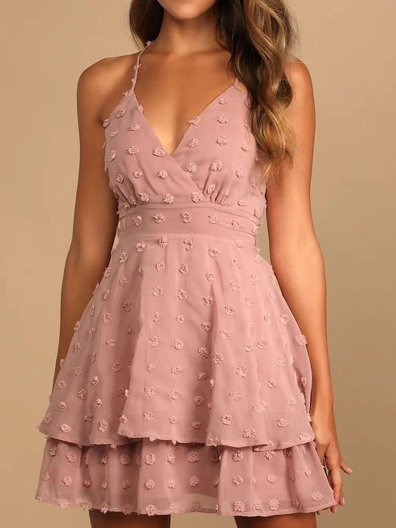 Swiss Dot V-Neck Cami Dress Dusty Pink OutfitFlow
