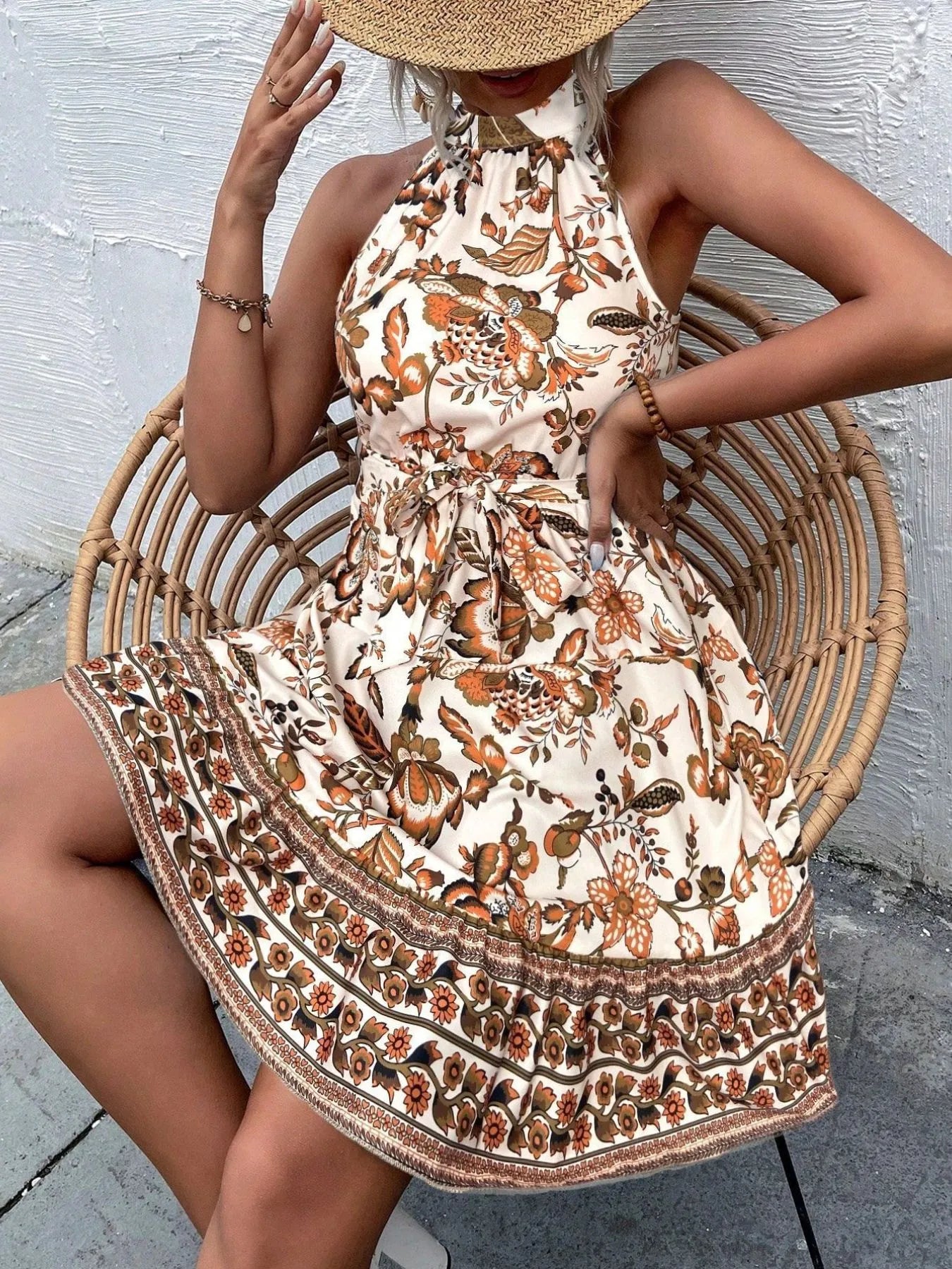 Floral Halter Neck Summer Dress with Belt OutfitFlow