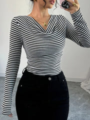 Striped Cowl Neck Long Sleeve T-Shirt OutfitFlow