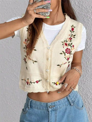 Embroidered Button Up Sweater Vest OutfitFlow