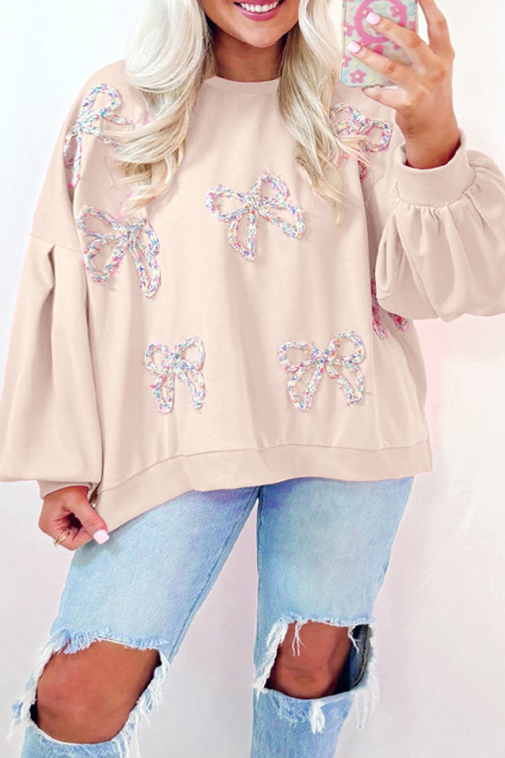 Outfit Flow - Bow Round Neck Long Sleeve Sweatshirt