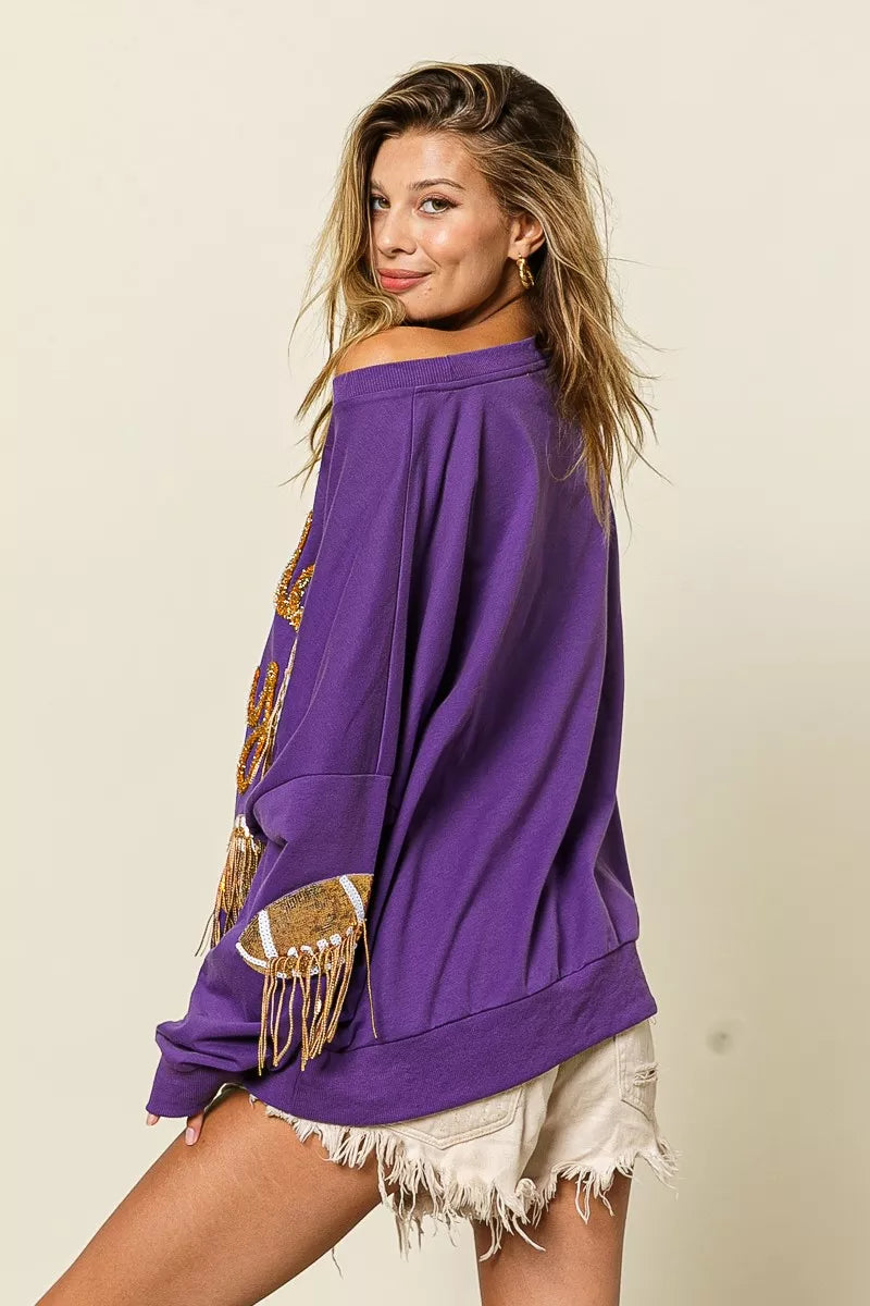 BiBi Sequin Football Patches Game Day Sweatshirt OutfitFlow