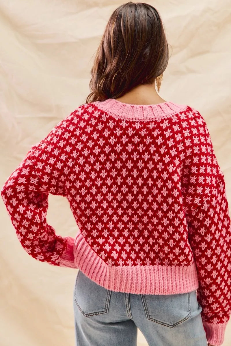 SO ME Color Block Textured Christmas Sweater V Neck Top OutfitFlow