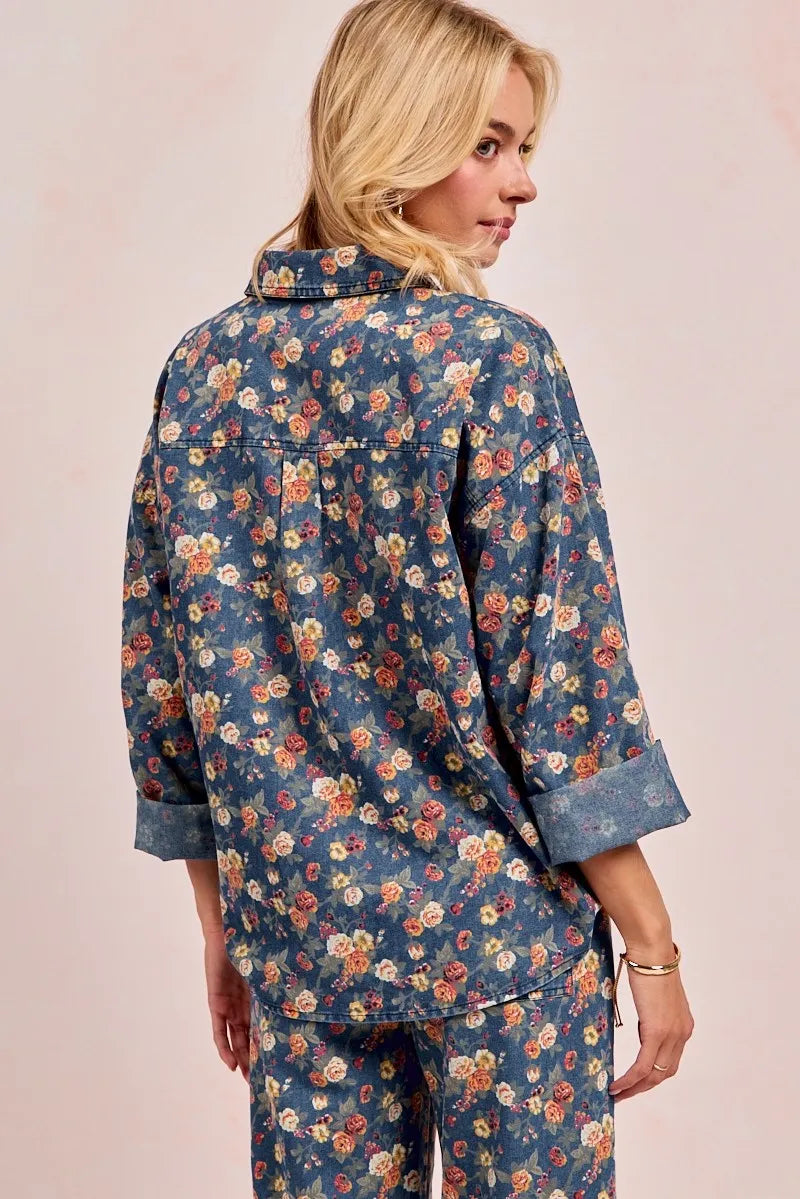 BiBi Washed Floral Print Denim Jacket OutfitFlow
