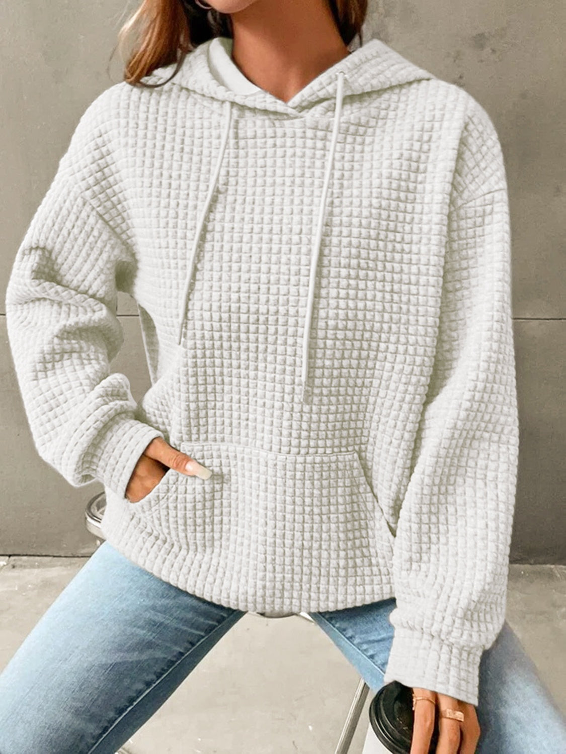 Outfit Flow - Textured Drawstring Drop Shoulder Hoodie