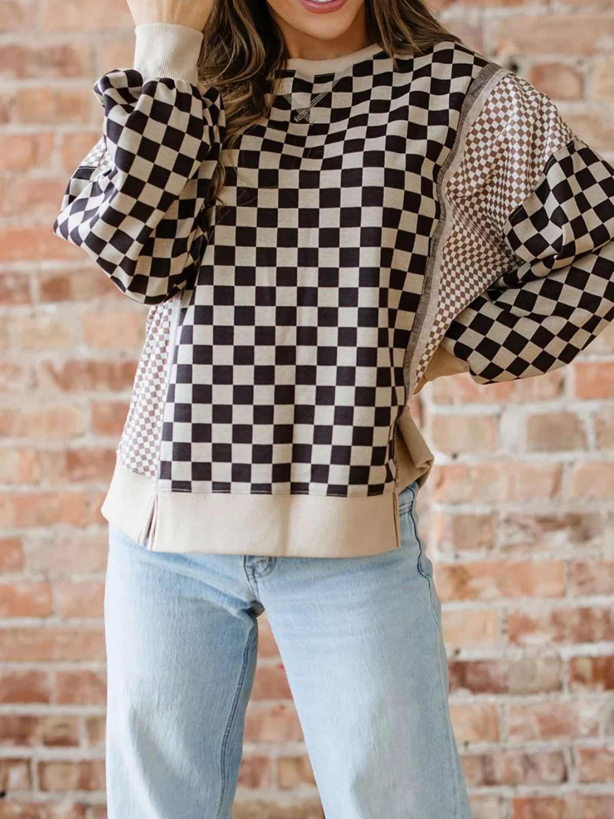 Mixed Checkered Pattern Patchwork High Low Casual Top Plaid OutfitFlow