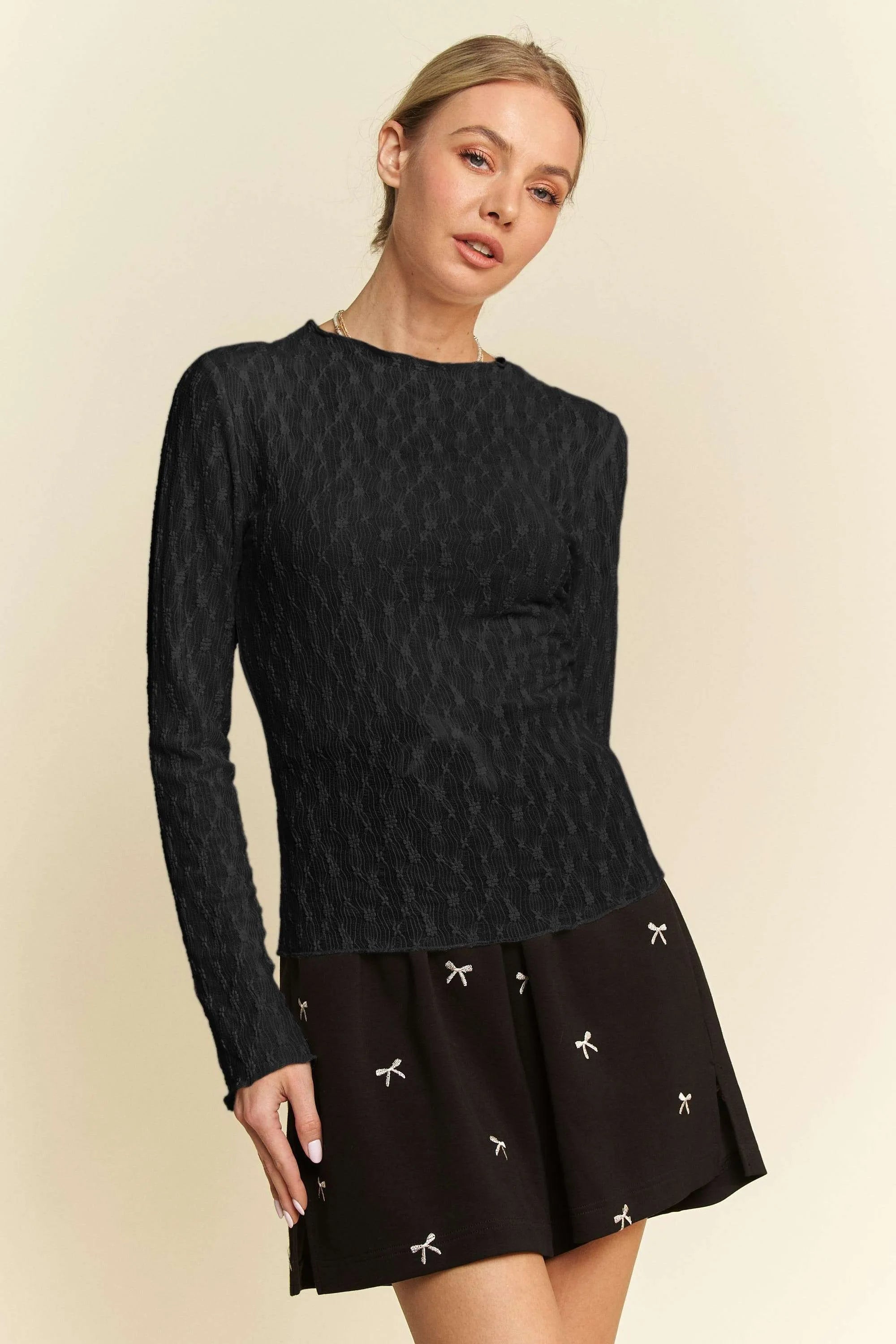 Davi & Dani Long Sleeve Sheer Small Embroidered Bows Lace Top OutfitFlow