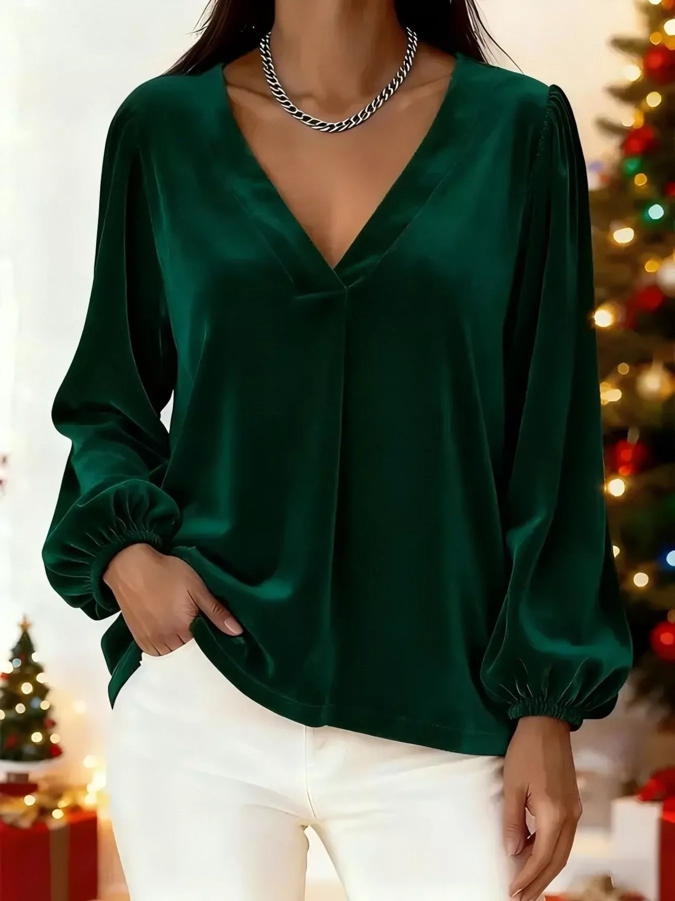 Full Size Velvet V-Neck Long Sleeve Blouse Plus Size Green OutfitFlow