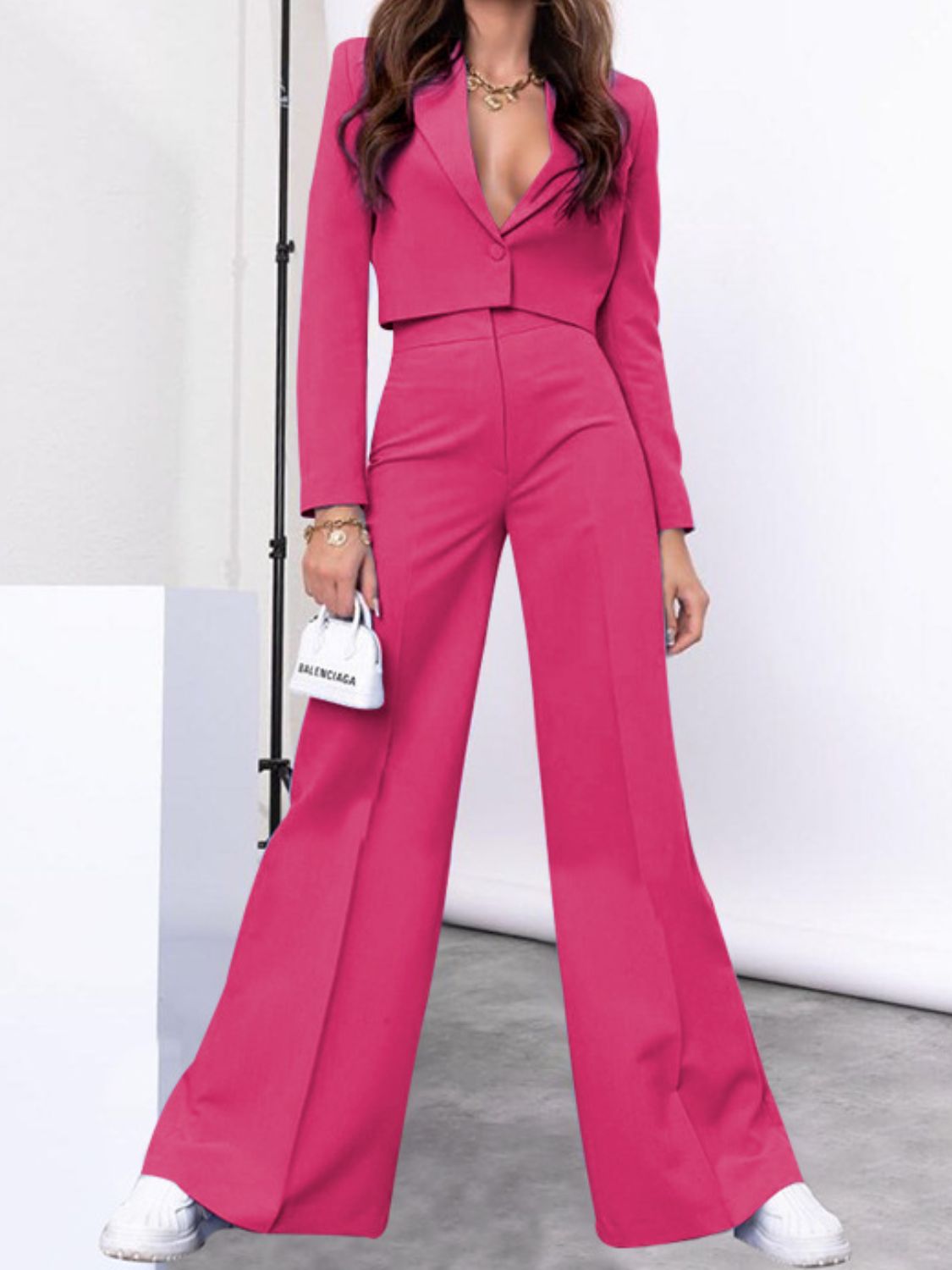 Outfit Flow - Lapel Collar Cropped Top and Wide Leg Pants Set