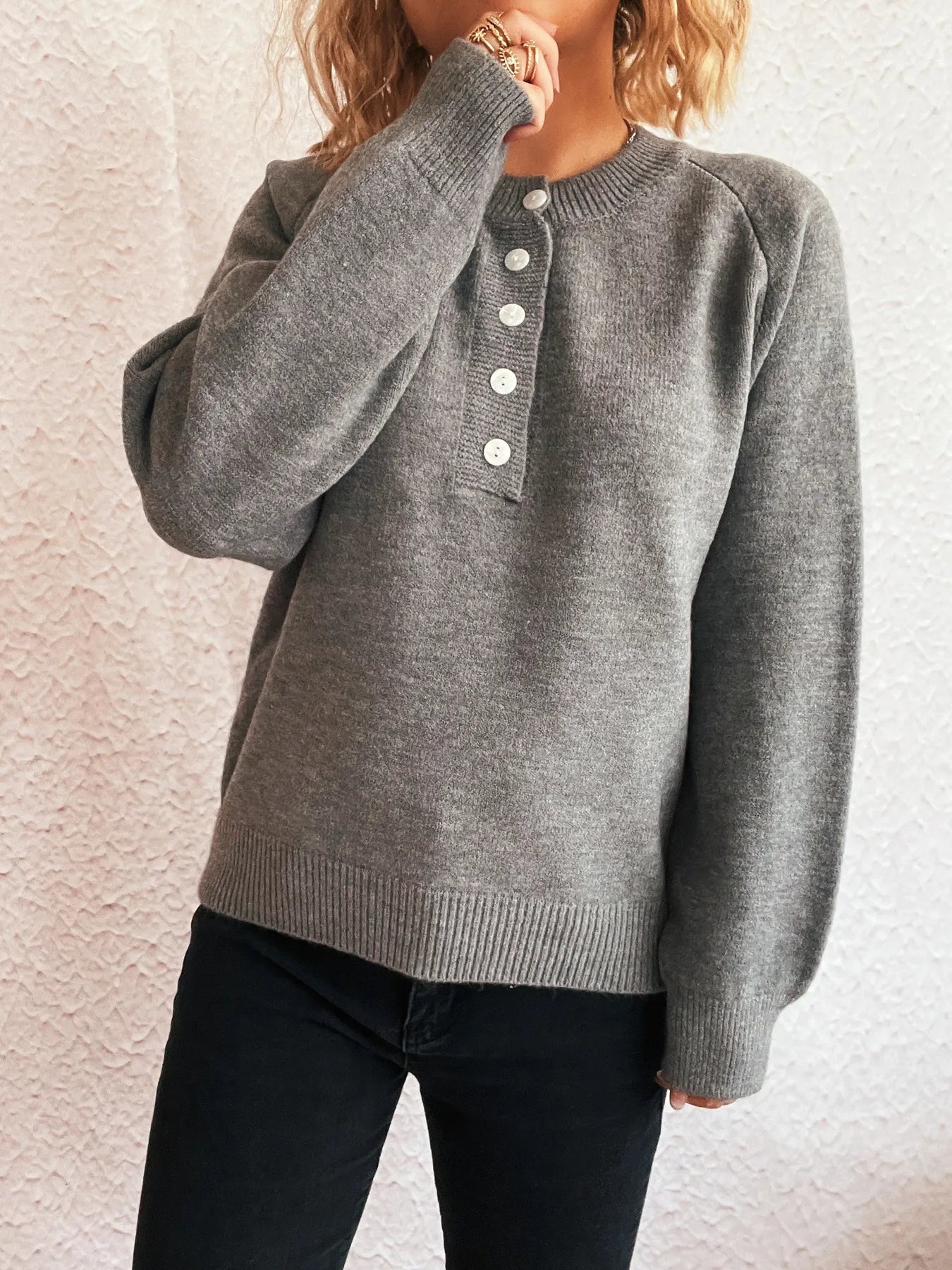 Button-Front Long Sleeve Sweater OutfitFlow