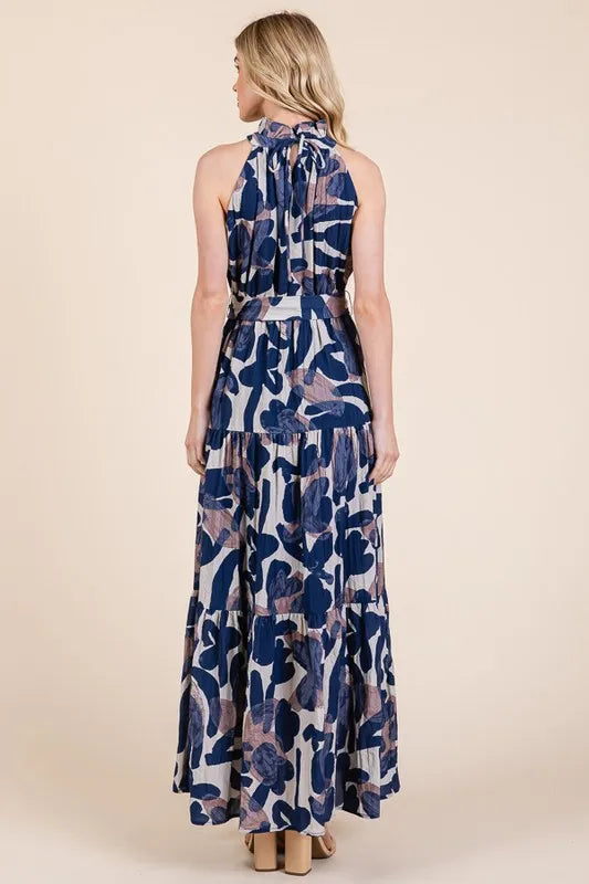 Lime 'N' Chili Abstract Halter Neck Tie-Waist Tiered Maxi Dress OutfitFlow