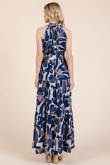 Lime 'N' Chili Abstract Halter Neck Tie-Waist Tiered Maxi Dress OutfitFlow