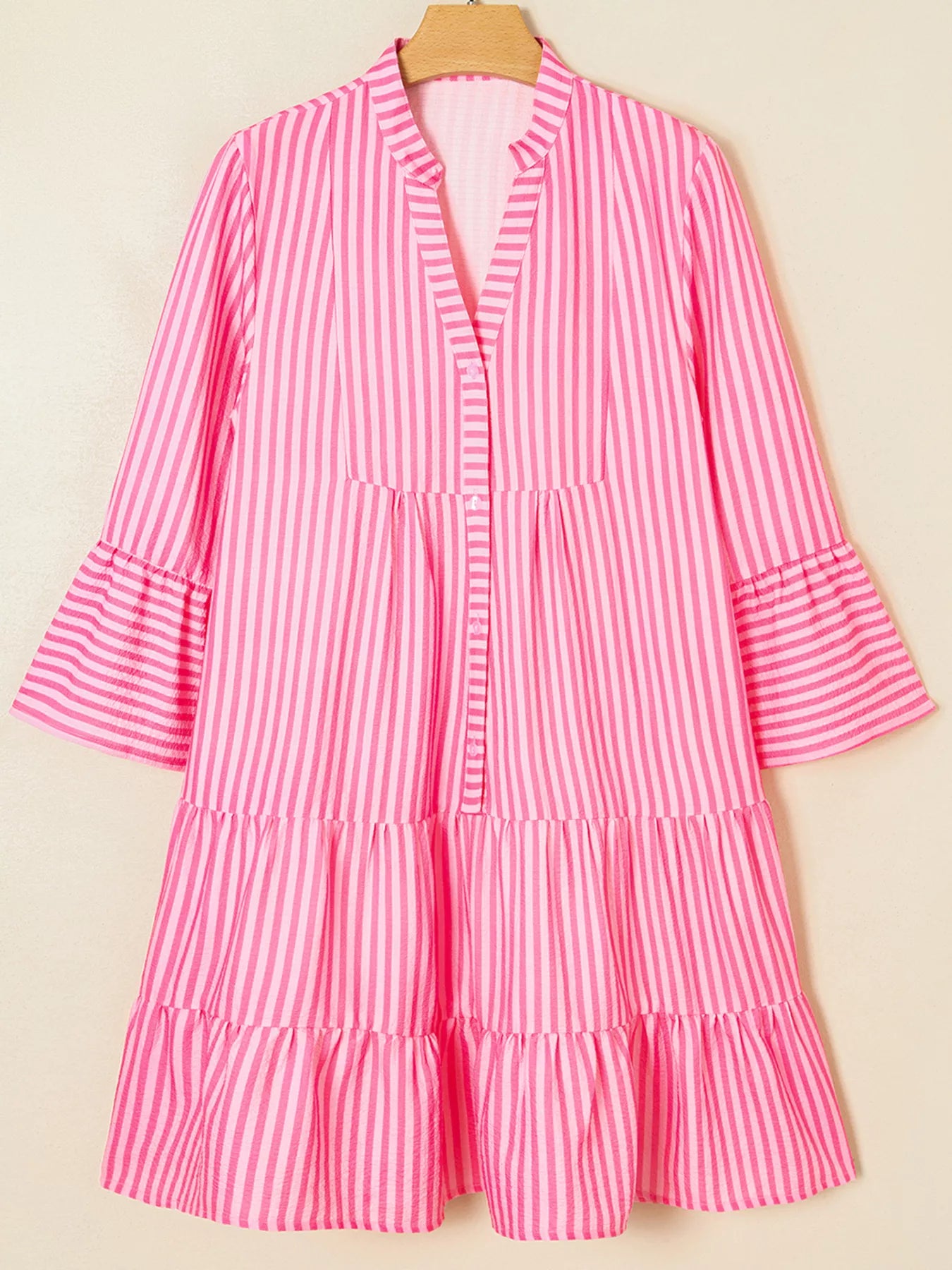 Stripe Flare Sleeve Half Placket Tiered Flowy Mini Dress OutfitFlow