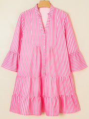 Stripe Flare Sleeve Half Placket Tiered Flowy Mini Dress OutfitFlow