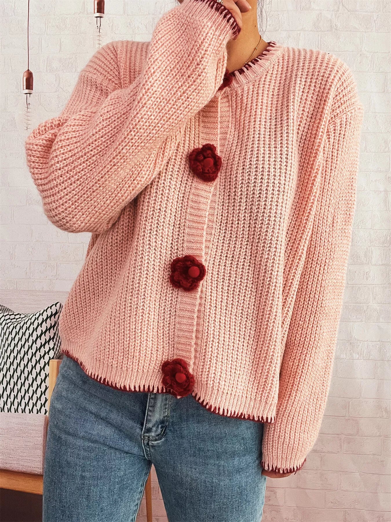 Flower Button Long Sleeve Cardigan OutfitFlow