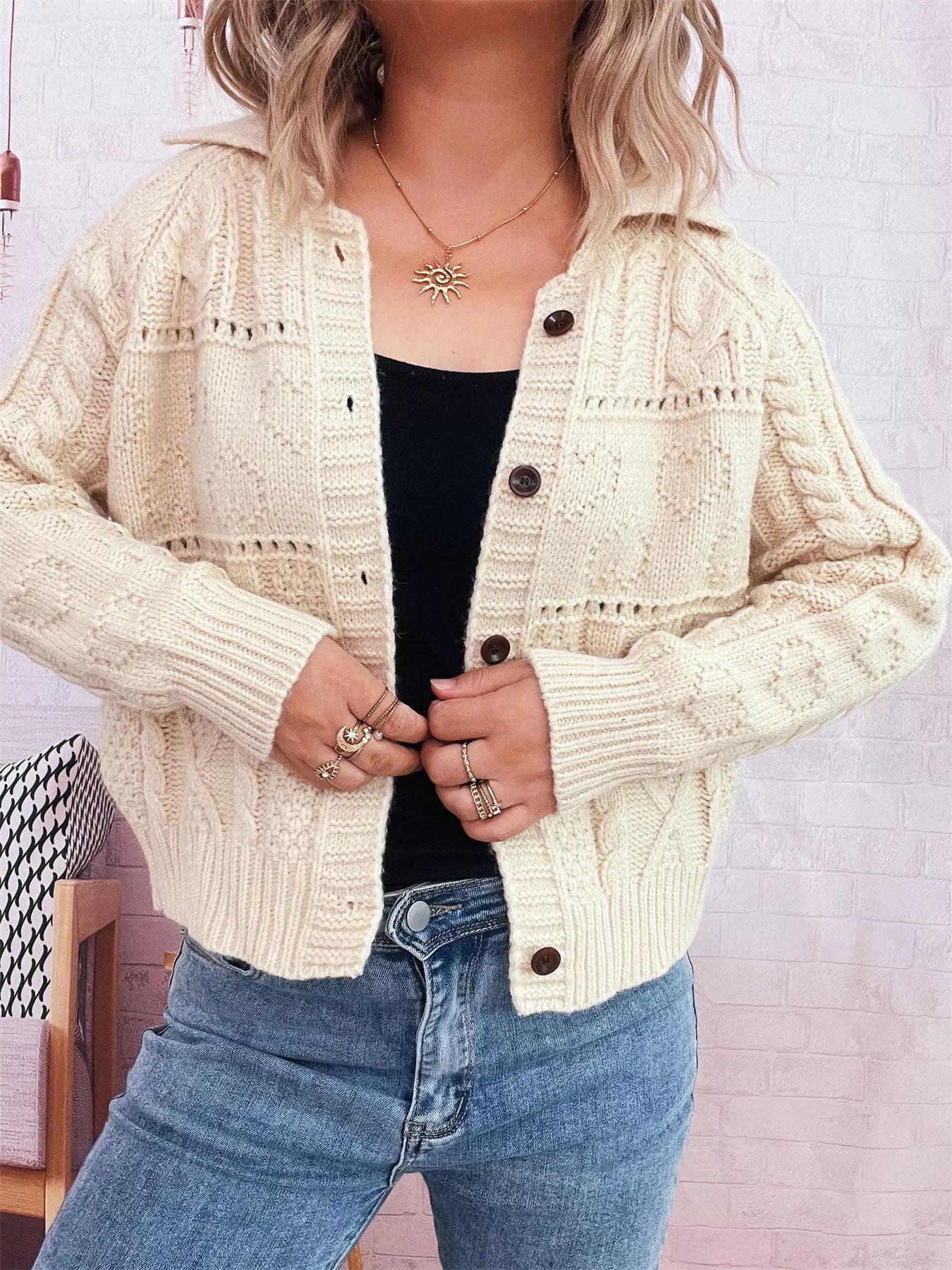 Openwork Cable Knit Button-Up Cardigan OutfitFlow