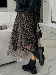 Leopard Print Tulle Midi Skirt Trendsi