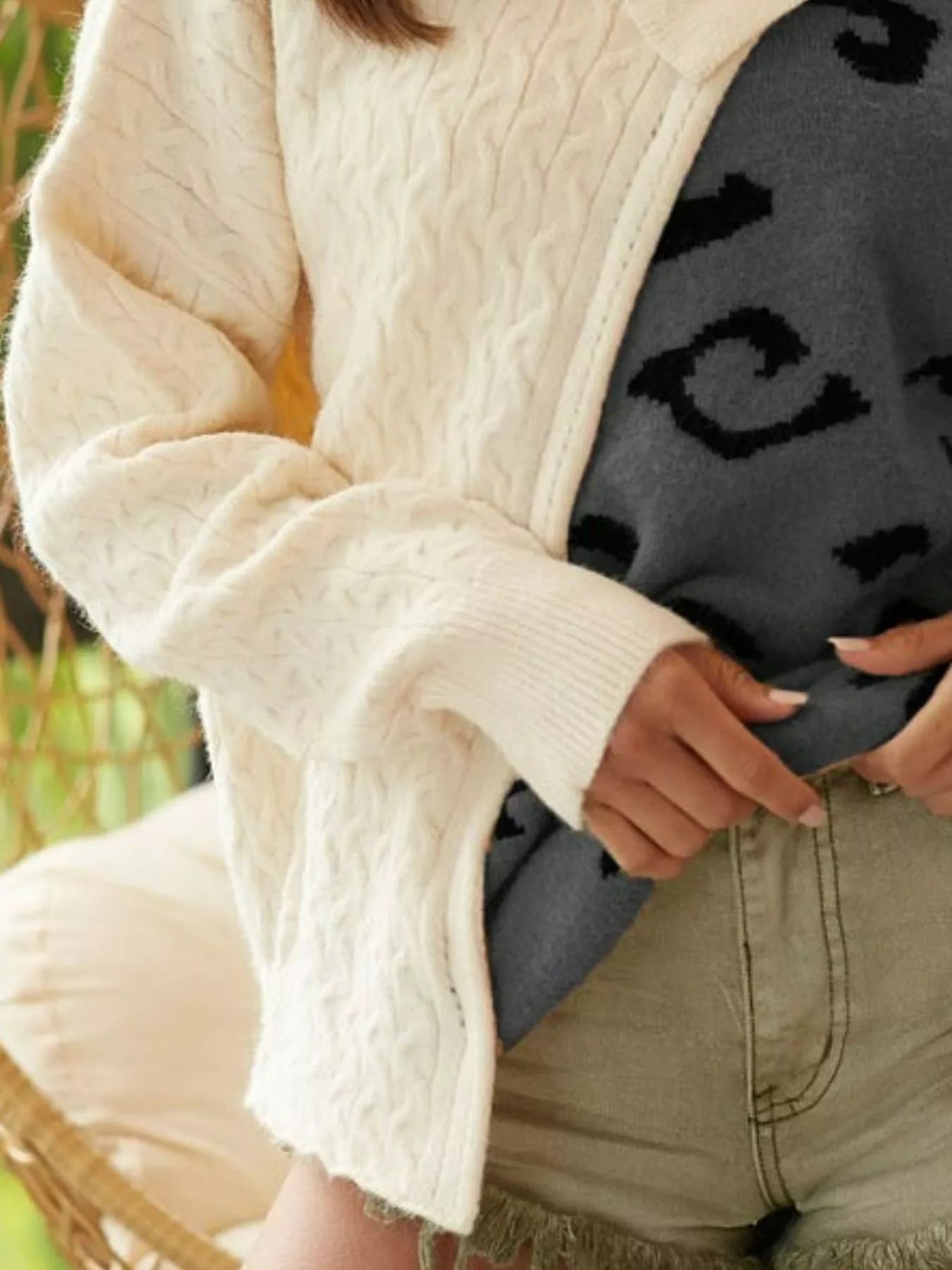 BiBi Cable-Knit Color Block One Shoulder Asymmetrical Sweater OutfitFlow