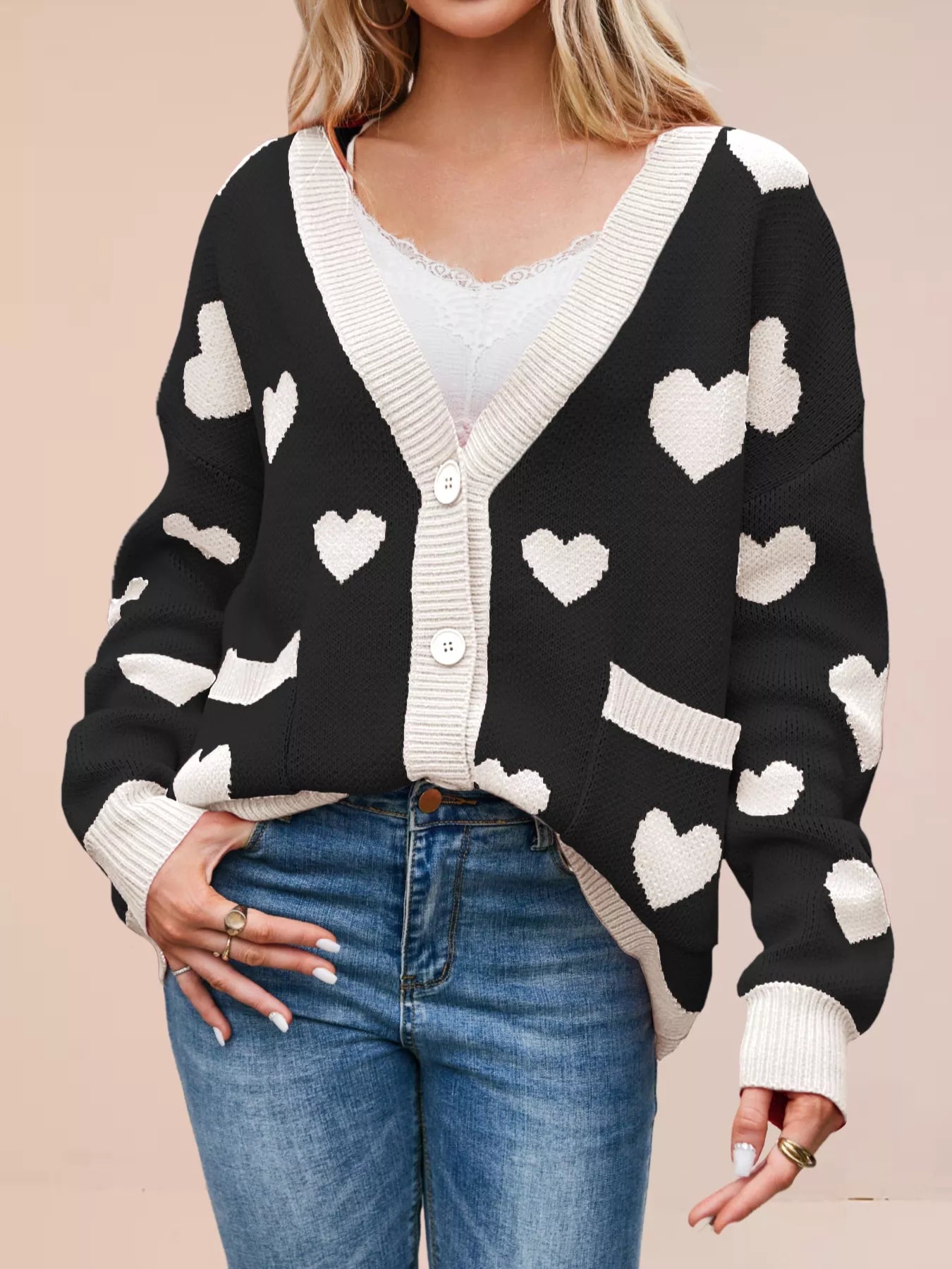 Heart Pattern Button-Up Knit Cardigan OutfitFlow