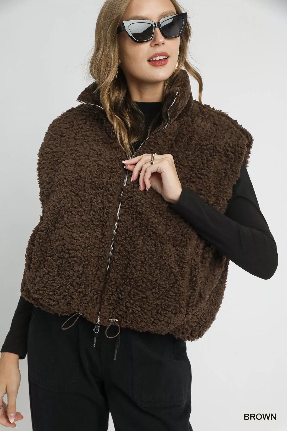 Umgee Sherpa-Lined Zip Vest with Drawstring Hem Brown Trendsi