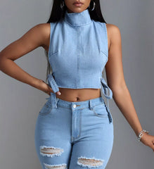 Sleeveless Cropped Denim Turtleneck Top with Side Tie Details OutfitFlow
