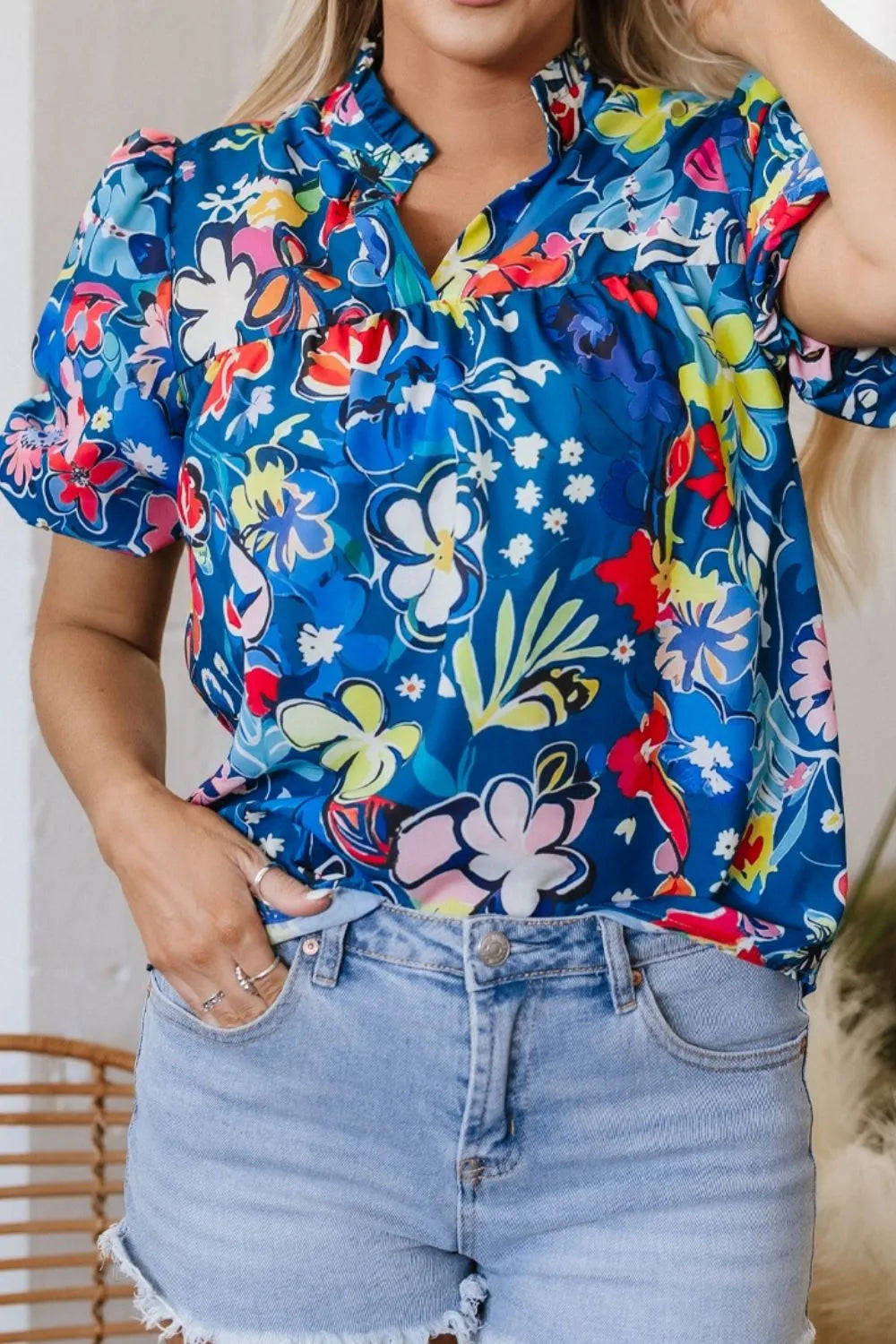 Floral Print Ruffle Sleeve Loose Blouse OutfitFlow