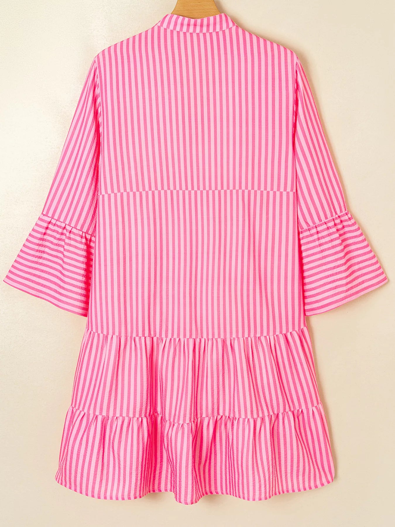 Stripe Flare Sleeve Half Placket Tiered Flowy Mini Dress OutfitFlow