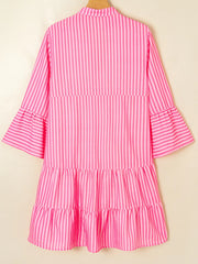 Stripe Flare Sleeve Half Placket Tiered Flowy Mini Dress OutfitFlow