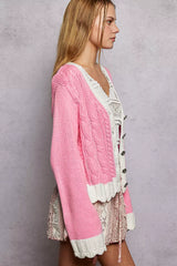 POL Button Down Cable-Knit Cardigan with Contrast Border Accents OutfitFlow